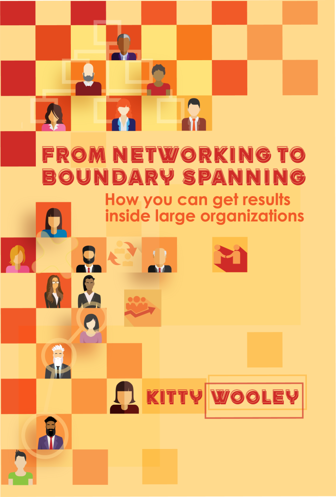 Graphic of book cover with text, "From Networking to Boundary Spanning: How you can get results inside large organizations. Kitty Wooley"Clicking on graphic opens new page at https://store.bookbaby.com/book/from-networking-to-boundary-spanning.