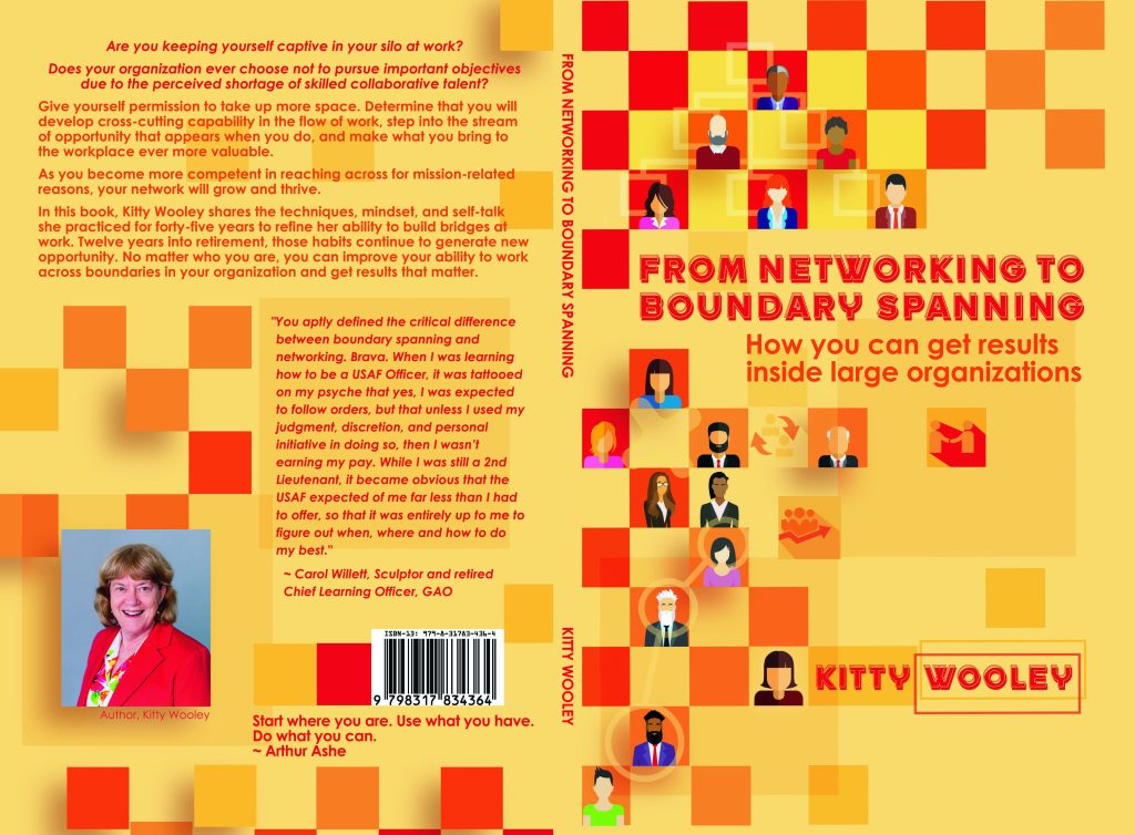 Book cover laid flat. Left side: the back side includes a testimonial from GAO chief learning officer Carol Willett and the author's photo. Right side: Title and author name and a continuous graphic showing a traditional organization chart at top and a network of employee connections at bottom.